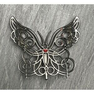 Neiman Marcus Figural Butterfly Scarf Hair Dress Lapel Clip Filigree Red Heart